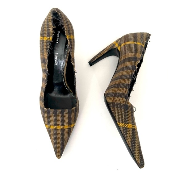 Proenza Schouler FRAYED CHECKED WOOL AND LINEN-BLEND PUMPS IN BROWN 38 8 - Picture 1 of 8